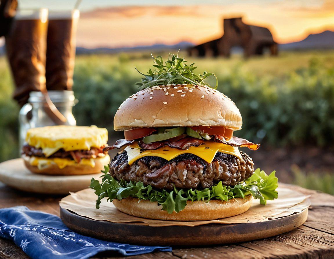 A sumptuous close-up of a gourmet burger with melted cheese, crispy bacon, and fresh greens, set against a rustic Texas backdrop with a pair of cowboy boots and a lasso. Soft golden light enhances the delicious textures and colors of the ingredients. In the background, a hint of a Texas landscape with bluebonnets. super-realistic. vibrant colors. warm tones.