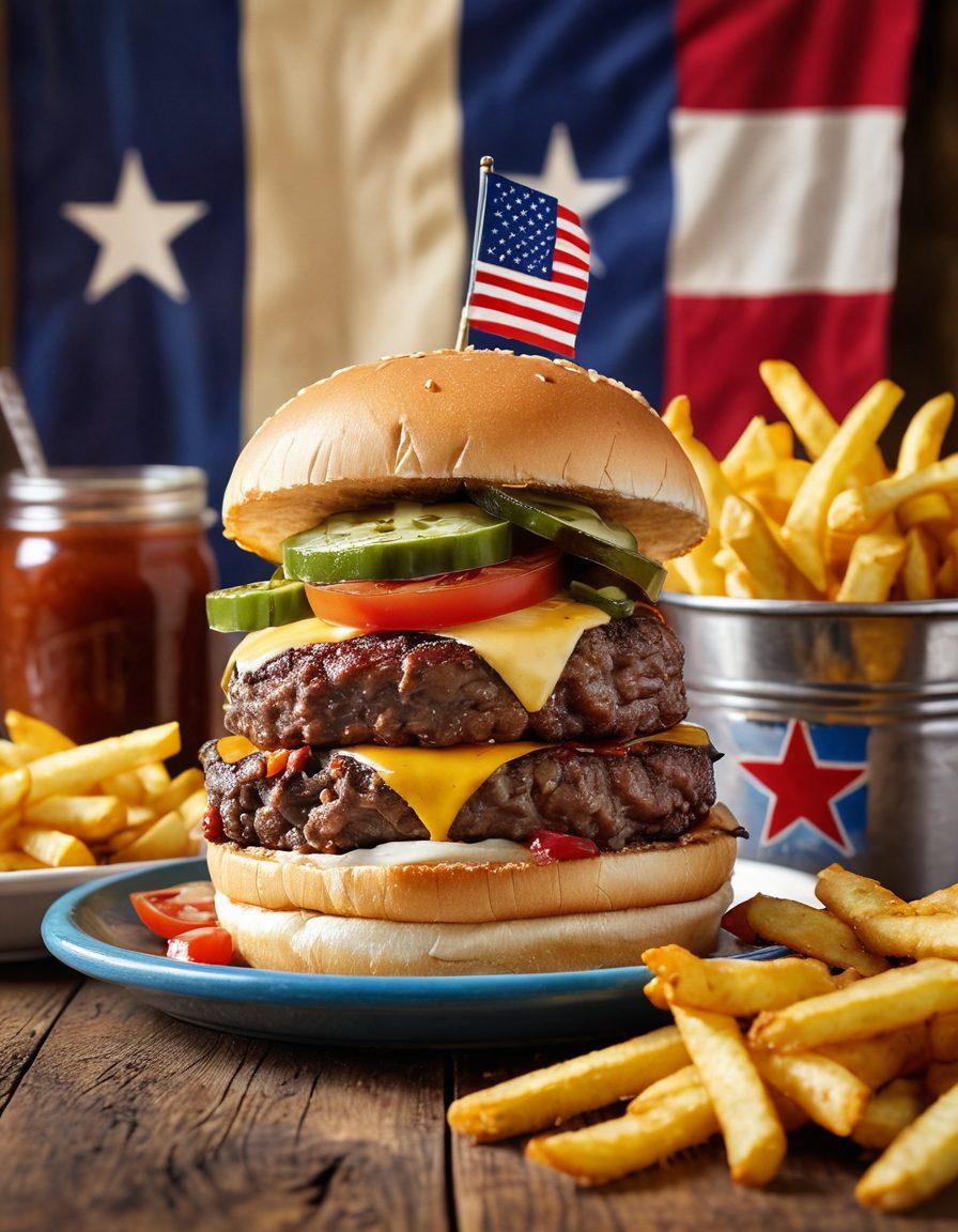 A mouthwatering spread of Texas-style burgers stacked high with toppings, alongside crispy golden fries in a rustic diner setting. Show a vibrant Texas flag in the background, with elements of cowboy culture like hats and boots. Add hints of barbecue sauces and jalapeños to showcase culinary delights. super-realistic. vibrant colors. rustic diner style.