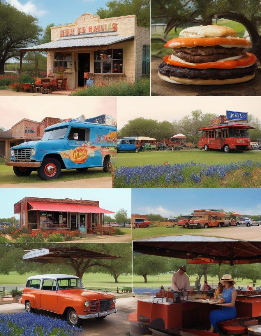 An artistic collage showcasing a vibrant Texas landscape with a variety of burger joints, featuring a lively food truck surrounded by happy diners, a chic fine dining restaurant with elegant decor, and mouth-watering burgers on a grill. Include elements of Texas culture, like cowboy hats and bluebonnets in the background. The overall style should blend rustic charm with modern elegance. super-realistic. vibrant colors. 3D.